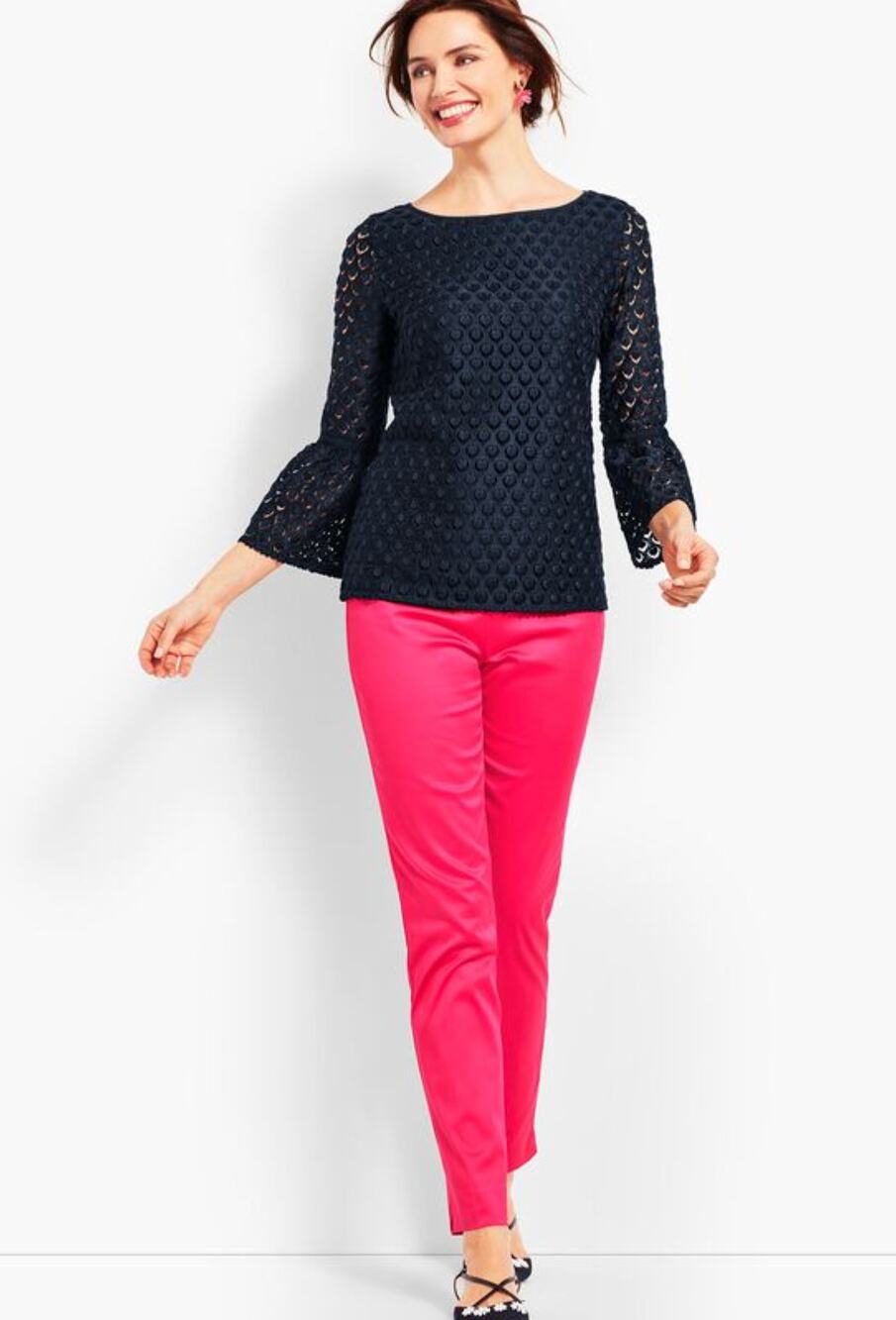 Talbots RSVP Womens S Navy Blue Lace Bell Sleeve Lined Summer Top Blouse